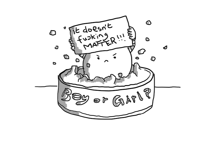 An angry round robot bursting from a cake that says "Boy or Girl?" in icing on the side, holding a sign on which is scrawled "it doesn't fucking MATTER!!!"