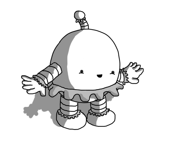 A round robot with banded arms and legs and an antenna. It has little frills around its ankles and wrists, around the bottom of the bobble on its antenna and around its waist and is looking down at itself happily.