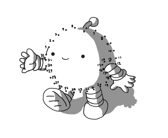 A smiling, round robot with banded arms and legs and an antenna. However, the outline of its body is missing, replaced by 32 numbered dots in a circle, in the manner of a child's dot-to-dot puzzle.