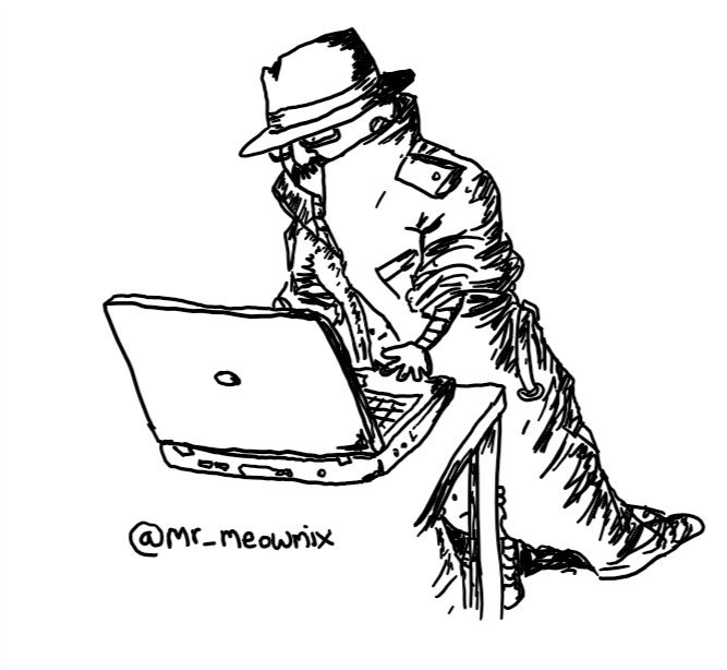 Three spherical robots standing on top of each other in a long trench coat, with a fedora and a fake glasses-nose-moustache disguise. The one in the middle has its arms through the sleeves and is using an open laptop on the desk in front of them.