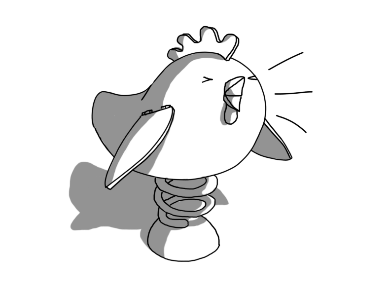 A robot in the form of a male chicken. It has a sort of curving, teardrop shaped body that is laterally oriented, with its open beak on the larger end. Atop this head section it has a wiggly-edged comb running from front to back, and a bulbous wattle hangs from its beak. It has two hinged, pointed wings, held in a downwards position but slightly extended. In place of legs, the robot has a large spring that is mounted on a single, domed foot. The robot has its eyes screwed shut and appears to be crowing loudly.