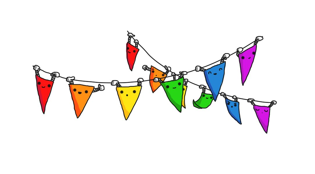 Two suspended strings from each of which hang six flat, triangular robots with two little banded arms that are gripping the strings. The robots are mostly smiling, but one is asleep, one looks a bit worried and one is annoyed at its cheerfully swinging neighbour. The robots are currently in Pride rainbow colours, with each string displaying a spectrum of red, orange, yellow, green, blue and purple.