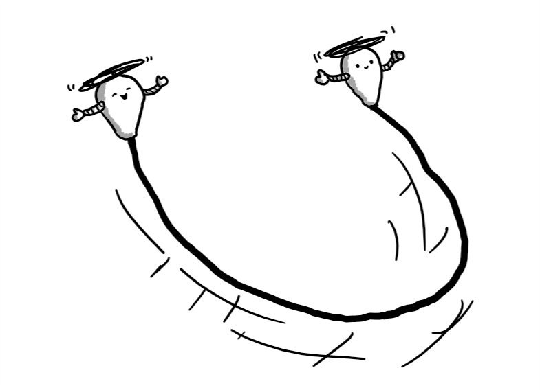 Two bulb-shaped robots, held up by top-mounted propellers and connected by a skipping rope which they're swinging between them. Both robots have little waving arms and joyous expressions on their faces.