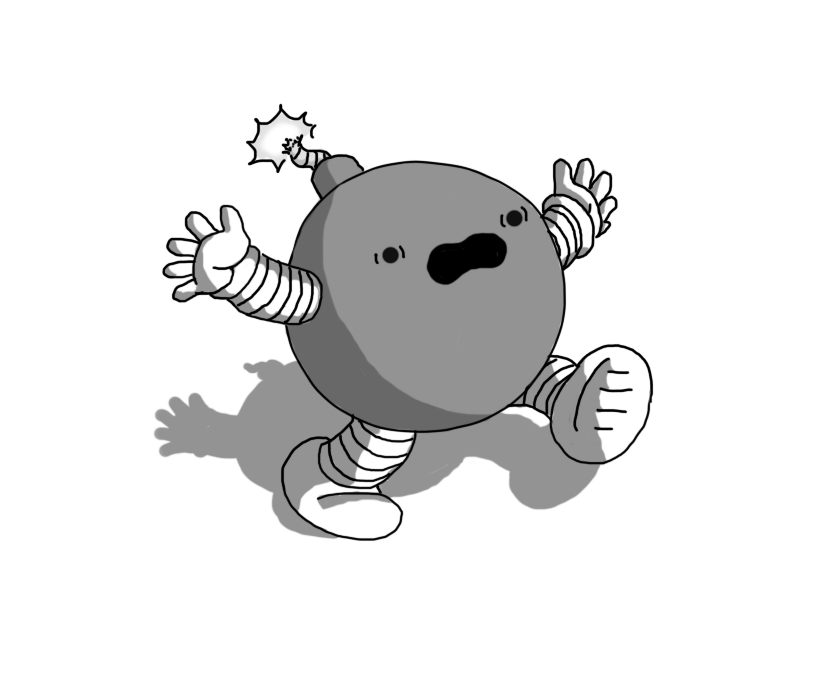 A robot in the form of a spherical, dark cartoon bomb with a sparking fuse on the top. It has banded arms and legs and is running along with a terrified look on its face, mouth wide open as if screaming.