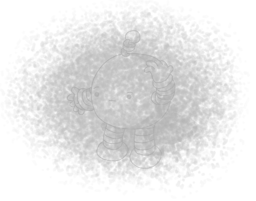 A round robot with banded arms and legs and a coiled antenna, scratching its head and looking puzzled. The robot is faded and obscured by a cloud of grey fuzz in the foreground so it's hard to see.