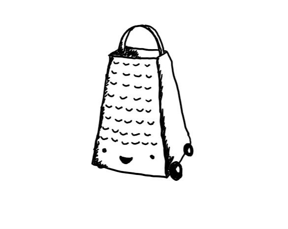 A robot in the form of a trapezoid cheese grater with four little wheels on the bottom and a happy little face beneath the actual grater part on the front.