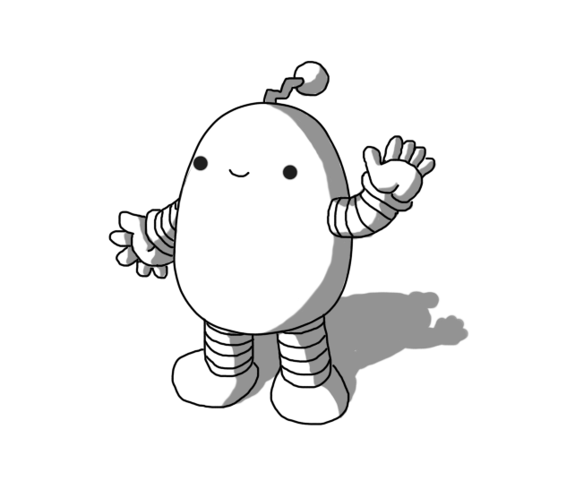 An ovoid robot with banded arms and legs and a zigzag antenna. It's smiling happily and waving.
