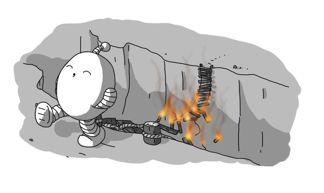 An ovoid robot with banded arms and legs, walking away, happily whistling with its hands in its pockets while, behind it, a rope bridge suspended across a deep chasm is falling apart in flames.