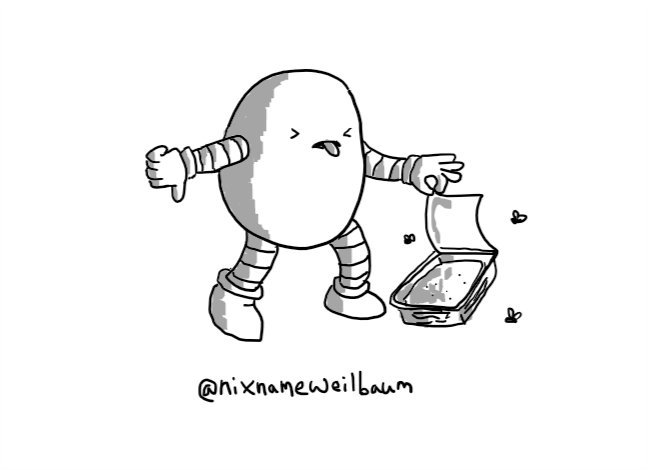 An ovoid robot lifting open a pack of sliced meat that us surrounded by flies. The robot is screwing its face up and sticking out its tongue as it makes a thumbs-down gesture with its free hand.