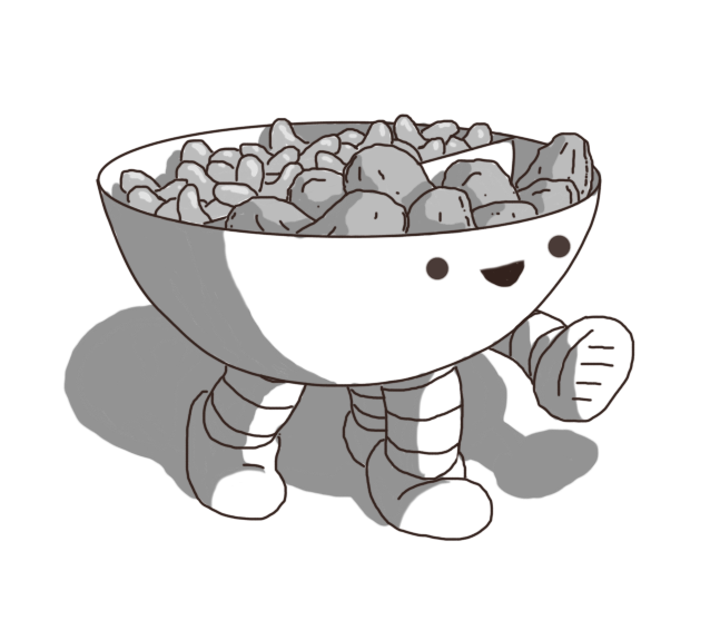 A robot in the form of a round bowl divided into two compartments. One compartment contains crisps (chips), while the other contains jelly beans. The robot has four banded legs on its underside and is smiling cheerfully.