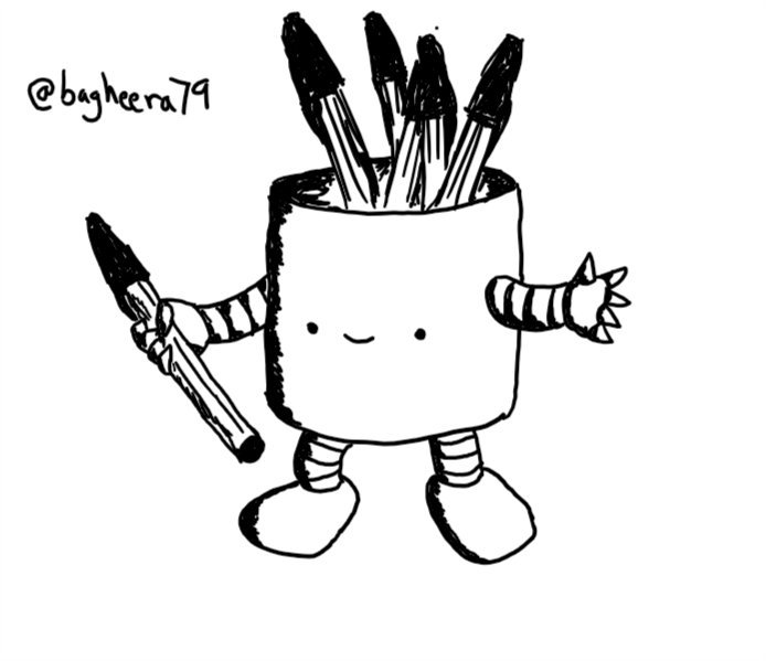 A robot in the form of a squat, cylindrical cup, filled with several pens. It has little arms and legs and is happily offering one of its pens in one hand.