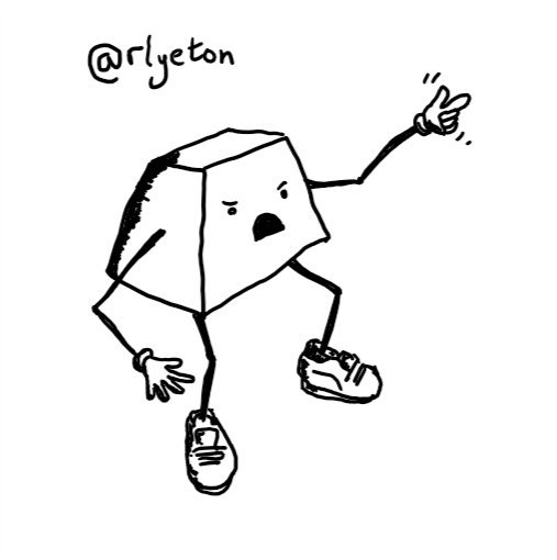 A trapezoid robot wearing running shoes angrily wagging its finger as it yells something.