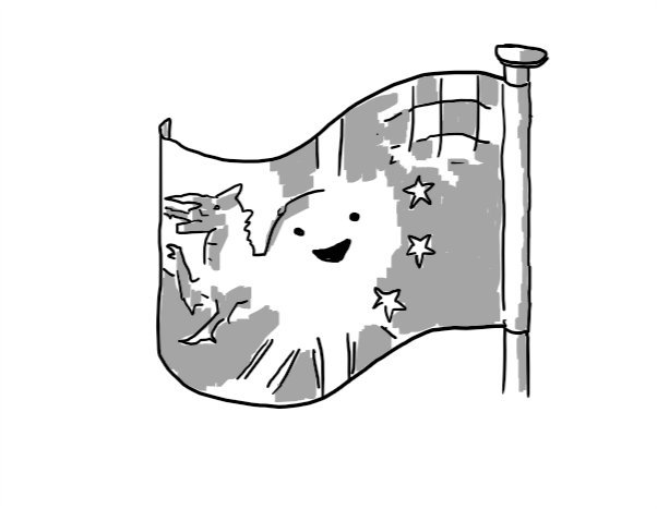 A robot in the form of a flag attached to a flagpole. It has a smiling face in the middle and on its surface are sections of the flags of Wales, Britain, Europe, Sweden and a checkered racing flag.