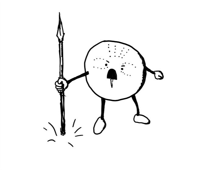 A round robot holding a spear and banging the butt into the ground beside it. It's yelling defiantly and its face is decorated with painted dots moddled after those sported by the character Shuri in the movie Black Panther, which were themselves inspired by traditional face paint designs of the Karo and Suri tribes of Ethiopia.