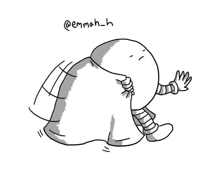 A round robot with a cape draped over its shoulders. It's swirling its cape around as it turns away, holding out its free hand and tilting its face up with its eyes closed.