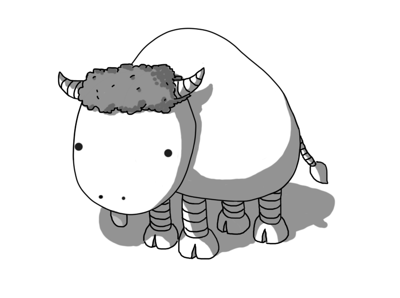 A robot in the form of a bison with a separate overlarge head topped with curly hair and banded horns. Its looking blankly and sticking out its tongue. It has four banded legs on its humped body, with little cloven feet, and a banded tail with a tapered tip.