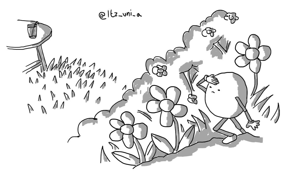 A round robot with jointed limbs climbing up a rock surrounded by flowers and foliage and peering around as it shields its eyes with a hand. In the distance, beyond the shrubs, is a round fold-up table with a glass of something on it.