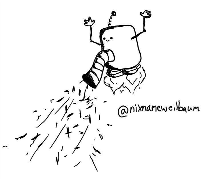 a robot shaped like a rounded, slightly-elongated cube with four little rocket boosters on its underside floats in the air. it has a wide, banded nozzle set into the middle of its body which is sucking up hair and dust. its face is small and set just above the nozzle, looking happy. it has thin, jointed arms with little hands waving in the air and an antenna like a spring with a bobble on the end.