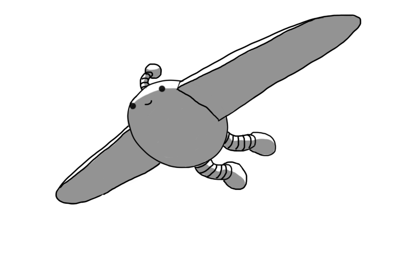 An ovoid robot with banded legs and an antenna and large, round-ended wings in place of arms. It's pictured from below, with its lower surface in shadow, gliding happily through the air.
