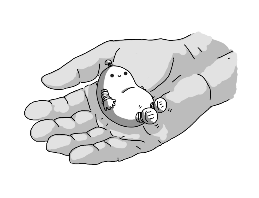 A cupped person's hand with a little bean shaped robot nestling inside it. It has banded arms and legs and an antenna. It's smiling and its legs are waggling back and forth.