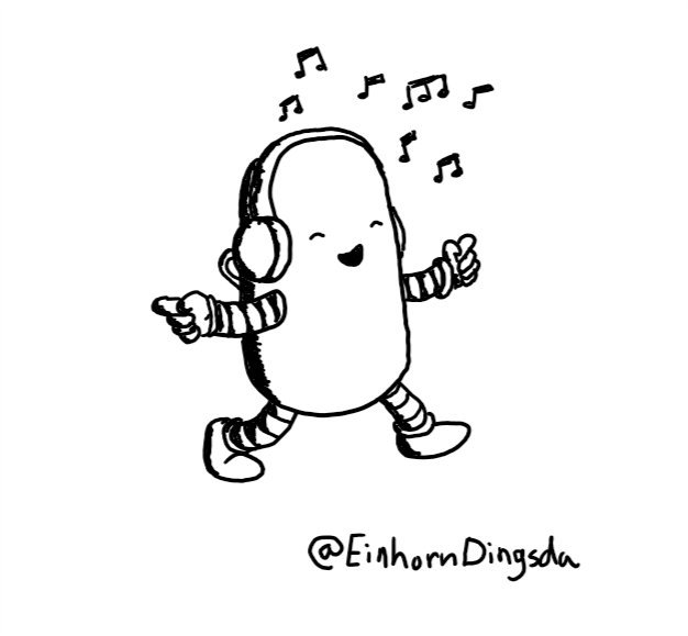 A rounded, cylindrical robot wearing a pair of headphones with musical notes surrounding them. It's dancing along with its eyes closed and a big smile on its face, pointing with both hands.