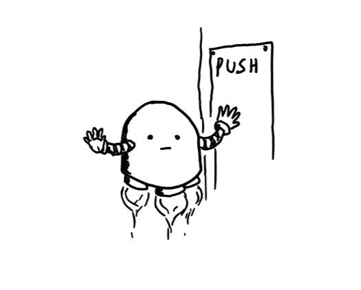 A domed robot held aloft by a set of small boosters on its underside, pushing against a door while holding up its other hand as if to keep someone back while it does its job.