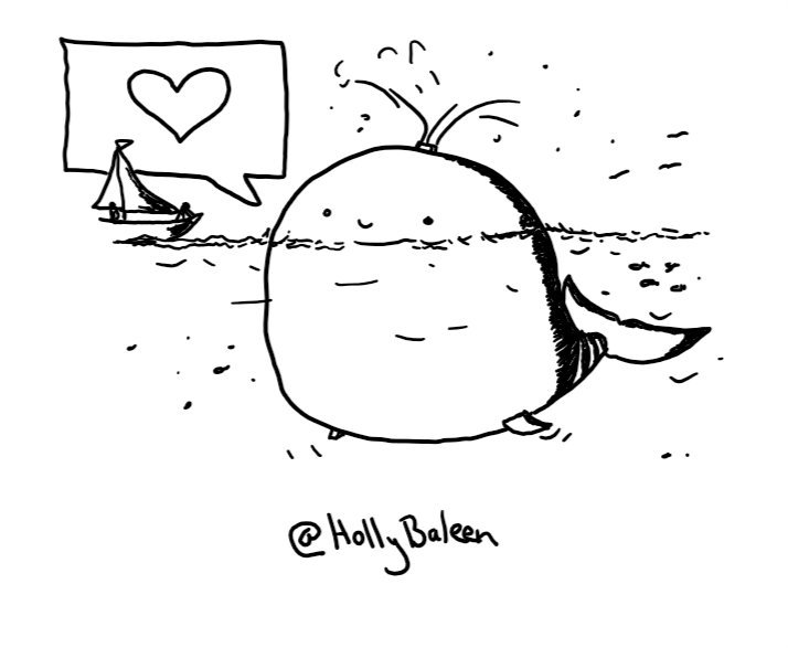 An enormous robot shaped like a cartoon whale, surfacing above the water next to a sailboat and spraying from its blowhole. It has a large speech bubble with a heart in it.