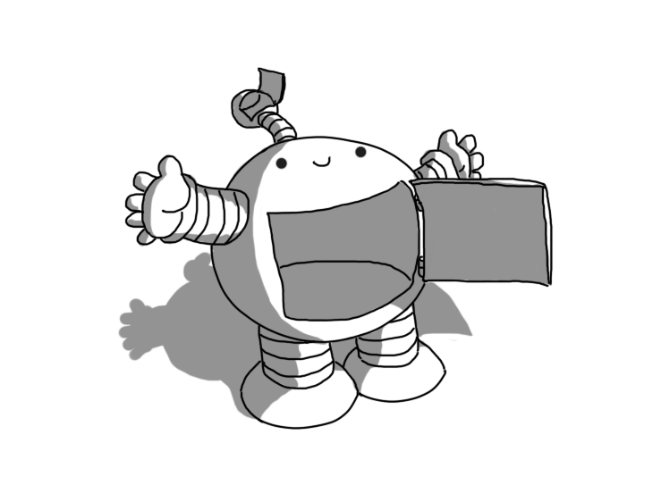A smiling, spherical robot with banded arms and legs. It has a hinged door on its front, open to reveal its empty interior. It has an antenna whose bobble has an identical, smaller door on it, again revealing an empty interior.