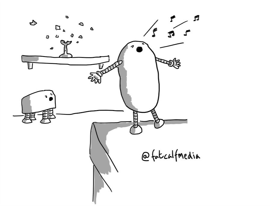 An ellipsoid robot with its eyes closed and its arms outstretched, singing a high note. In the background, a wine glass on a shelf is exploding as Glassbot looks up from the floor in dismay.