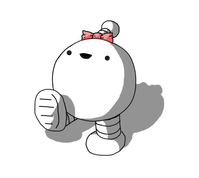 A spherical robot with banded legs and an antenna. It's walking along happily, and it has a little pink bow just where its antenna meets its body.
