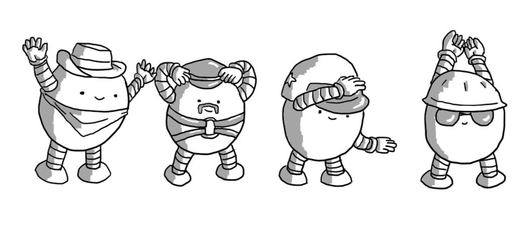 Four round robots spelling out the letters YMCA with their arms. They're dressed as some of the Village People, left-to-right: the cowboy with hat and neckerchief, leather-daddy/biker with peaked cap, chest harness and handlebar moustache, motorcycle cop with crash helmet, and construction worker with 70s-style hard hat and mirror shades.