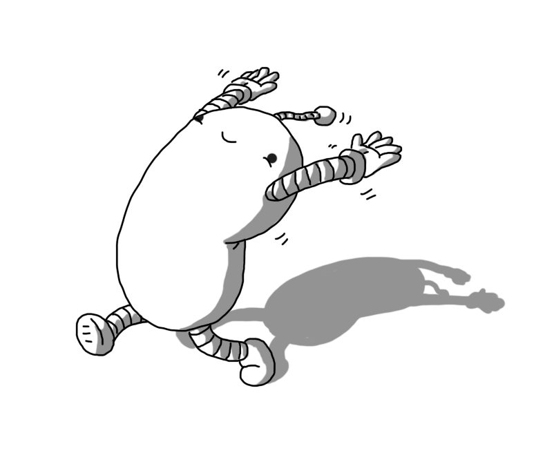 A rounded, bean-shaped robot, bent slightly at the waist (even though it doesn't have a waist, exactly). It has banded arms and legs and an antenna, and is running along, its arms up in the air, bent backwards and smiling. Motion lines indicate its arms and antenna are waving around as it runs.