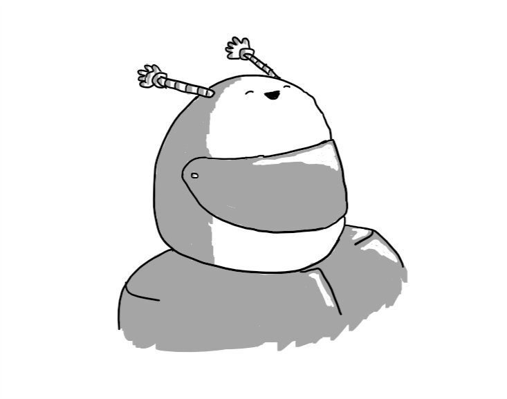 A robot in the form of a motorcycle helmet, throwing its arms backward in exultation as it's carried forward.