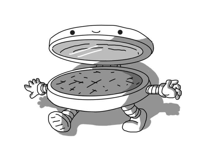 A robot in the form of a makeup compact, with banded arms and legs on the bottom section and its face on the front of the mirrored upper section.