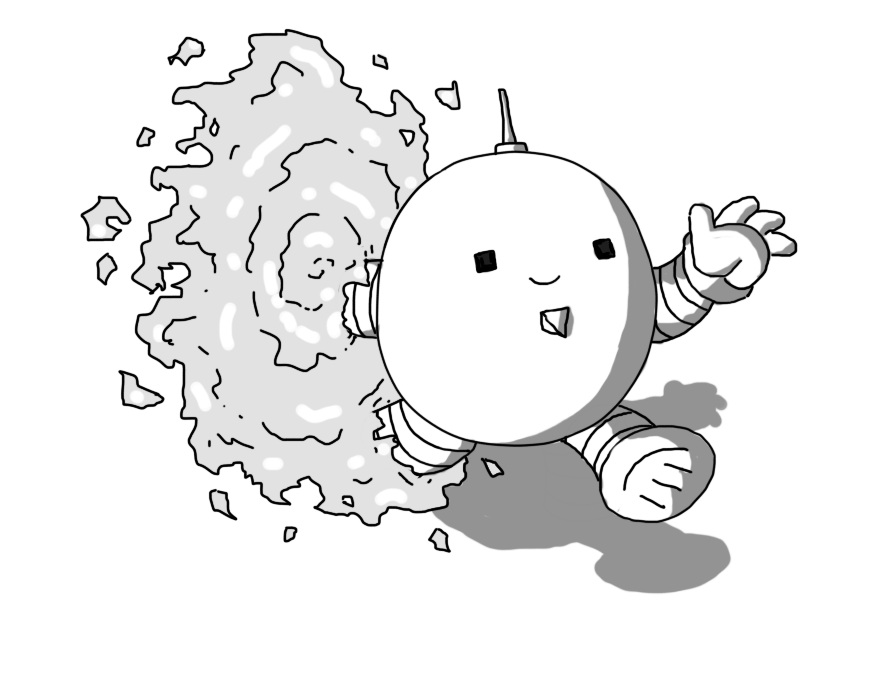 A round robot with banded arms and legs, emerging from a crackling, glowing portal floating in midair. The robot looks mostly like a regular small robots robot, except it only has four fingers on its one visible hand, it has an unusual antenna design and its eyes are square instead of round. It also has a little pyramid-shaped beard attached beneath its smiling mouth.