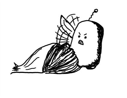 a robot shaped like a rounded cylinder with small wheels at the bottom and a zig-zag antenna on top. it stands before a half onion, a good portion of which has been chopped into stacked slices by the swiftly-moving knife attached to the robot's right side. the robot looks very angry, with downturned eyebrows and its teeth bared.