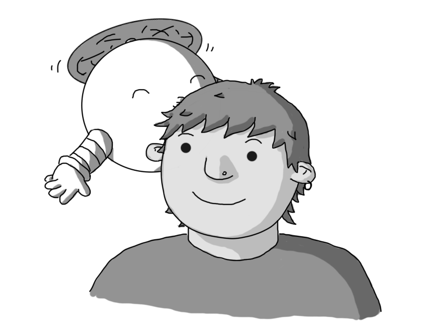 A spherical robot held aloft by a propeller on its top, with two banded arms. It's just leaning in to kiss a person on the side of their head.