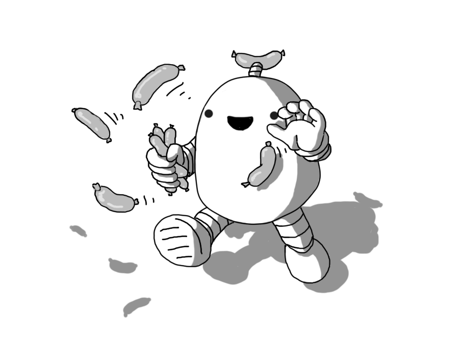 A round-topped robot with banded arms and legs and a little sausage on its antenna. It's jumping forward, holding some sausages in one hand as it flings more sausages forward with the other, a wide smile on its face.