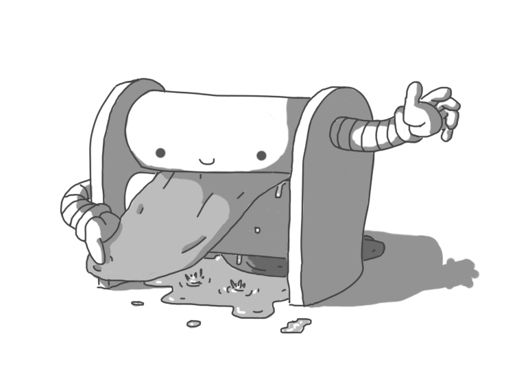 A robot resembling an old-fashioned washing mangle. It has two round-topped side brackets and two thick, cylindrical rollers running between them. The robot's smiling face is on the uppermost roller. It has two banded arms on either side, parallel with different rollers. It's feeding a damp cloth through its rollers, pulling with one hand, depositing a puddle of water beneath it as it wrings it out.