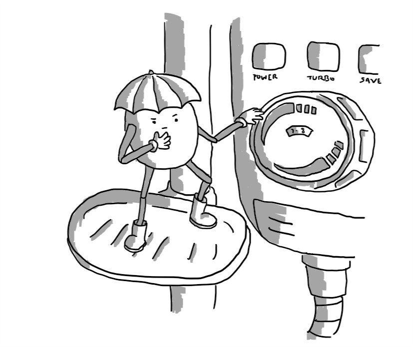 A rounded robot with jointed arms and legs standing on a soapdish mounted on a shower thoughtfully pondering a complicated set of controls. The robot is wearing little wellington boots and has a hat like an umbrella.