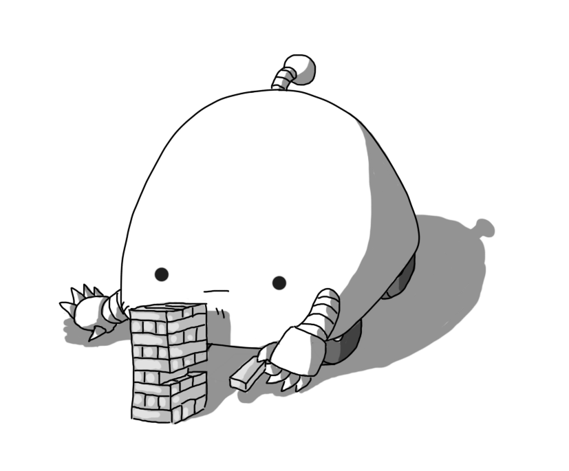 A large, domed robot with four wheels on its underside, an antenna and banded arms. It's playing a game of Jenga, gently removing one of the blocks with a look of concentration on its face.
