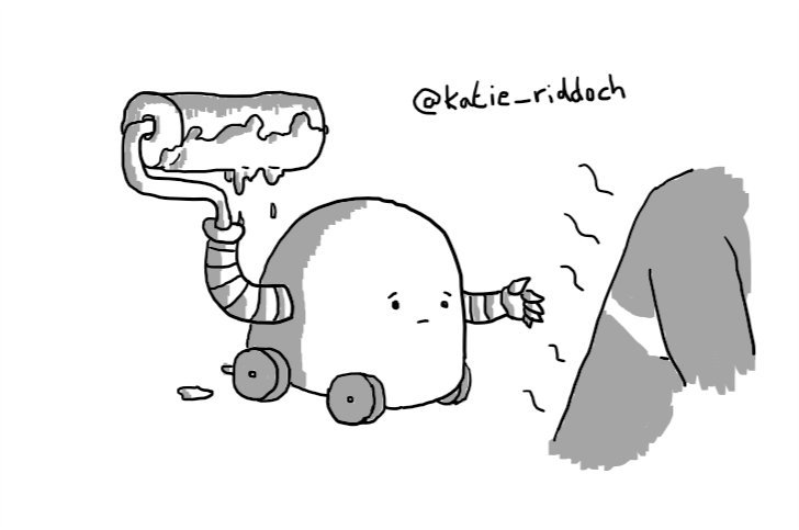 A dome-shaped robot with four wheels on its base beckoning a badly-sunburned person towards it with a concerned expression on its face. One of its hands is a large paint roller that is slathered in aftersun cream.