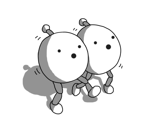 Two spherical robots pressed very close together. They have jointed legs and antennas. Both robots are making shocked faces so that they have small, circular mouths in the exact centre of their bodies. They're also jiggling very slightly against one another.