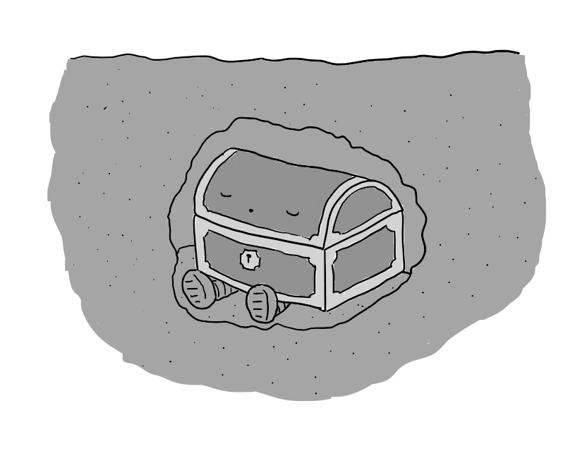 A robot in the form of a wooden chest with a semi-cylindrical lid and two little legs splayed out at the bottom. It's sitting in a small cavity underground, with its eyes closed peacefully, apparently snoring.