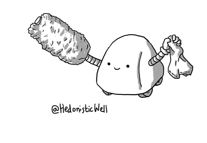 A smiling robot shaped like a squat, rounded pyramid with four wheels on its base and two arms, one of which is holding a dust cloth while the other has an enormous feather duster in place of a hand.