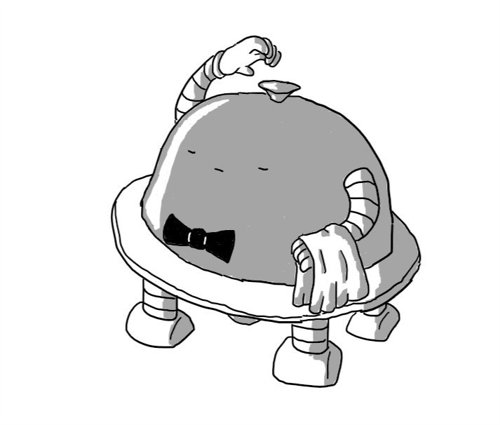 A robot in the form of a plate with a silver cloche on top of it. It has four legs on the bottom and two arms on the cloche section. One arm has a serving towel draped across the wrist while the other is reaching to the cloche section's handle as if about to lift it off. The robot is wearing a black bowtie and its face, which is on the front of the cloche, is composed in a dignified pout with eyes closed.