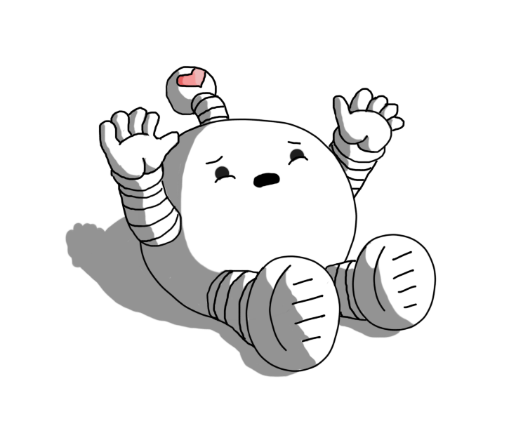 A spherical robot with banded arms and legs and an antenna with a little pink heart on it. The robot is sitting on the ground, looking upwards with its arms raised, with a pained expression that makes it look like it's on the verge of tears.