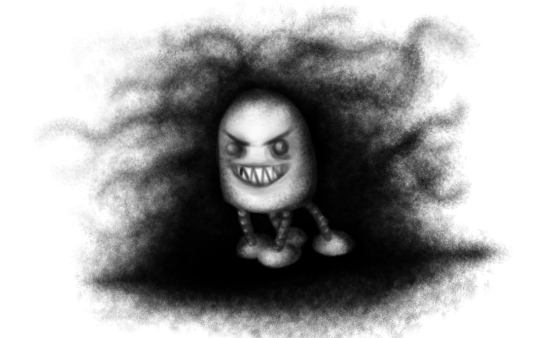 An 'art style' picture depicting a round-topped robot with four banded legs, all a little askew. It has a terrifying face, with black, empty eyes beneath severe eyebrows, recessed into its casing, and a wide, manic grin filled with long, sharp teeth. Around and beneath the robot - and in places overlapping with it in the foreground - is an amorphous black shadow that reaches out with long, writhing tendrils, gradually fading into its surroundings.