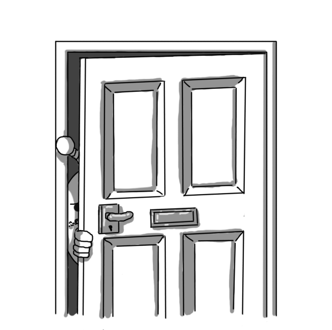 The front door of a house, slightly ajar, with a chain visible near the handle, running across the gap inside. A robot is partially visible peering out, its fingers gripping the side of the door, its antenna hanging out, and its only visible eye looking very angry as it peers out.