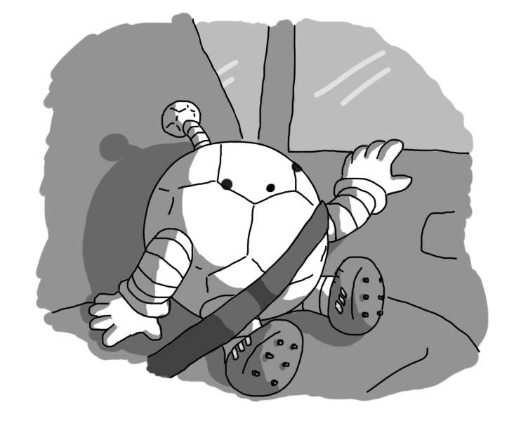 A spherical robot, patterned like an old-fashioned football, with banded arms and legs and an antenna with a bobble that looks like another little football. It's wearing football boots with studs and is buckled into a car seat, resting one hand on the door and looking with hopeful curiosity out of the window.